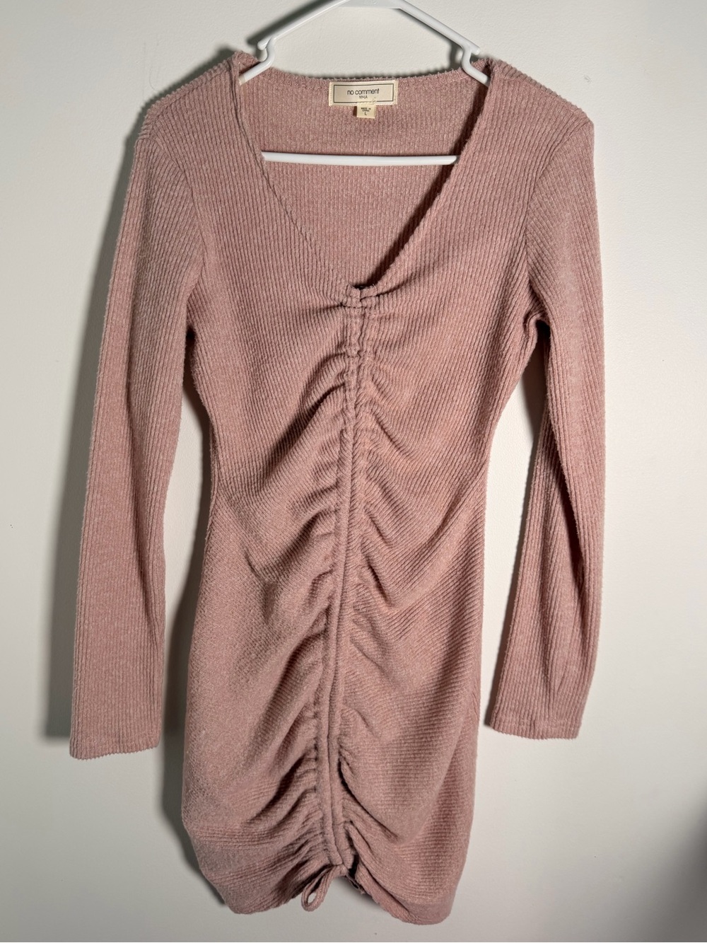 No comment pink long sleeve bodycon v-neck front ruching mini dress